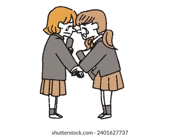 Clip art of female students saying goodbye to their friends at graduation ceremony.