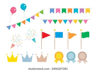 Clip art for field day set: cute flag, crown, medal, garland, etc.