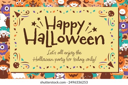 Clip art of frame background with cute margins of pumpkins, ghosts, monsters, etc. with children in costume at a Halloween party.