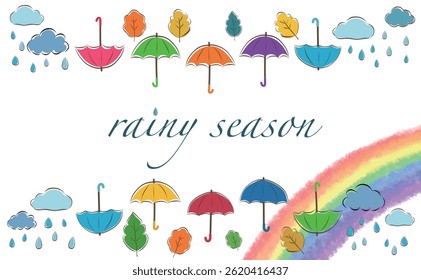 Clip art frame of rainbow and colorful umbrella in rainy season