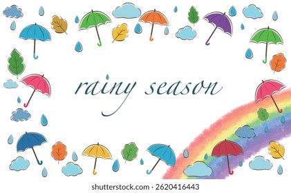 Clip art frame of rainbow and colorful umbrella in rainy season