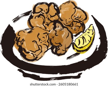 Clip art of fried chicken in Japanese style with brush strokes