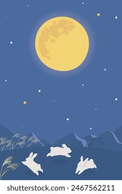 Clip art of full moon night and  rabbits jumping around, Tsukimi background illustration