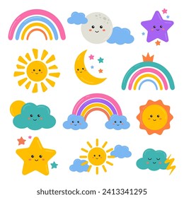 Imágenes prediseñadas de arcos graciosos, estrellas, soleadas, luna, nubes de estilo lindo y amigable para niños. Elementos meteorológicos, colección de iconos para vacaciones, decoración de guardería, ducha de bebé, estampados de ropa, invitación, tarjetas.