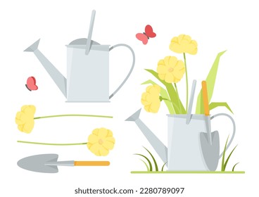 Clip art of gardening tools and watering can with flowers