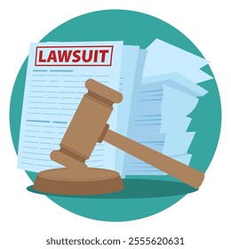 clip art of a gavel alongside lawsuit documents. Ideal for legal, law firm, justice, legal proceedings, judiciary and courtroom related themes