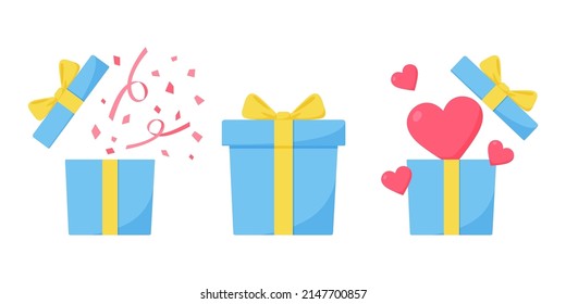Clip art of gift box. Confetti, heart, ribbon. Image of a present or an anniversary. Blue and yellow.