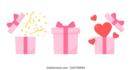 Clip art of gift box. Confetti, heart, ribbon. Image of a present or an anniversary. Pink, and red.