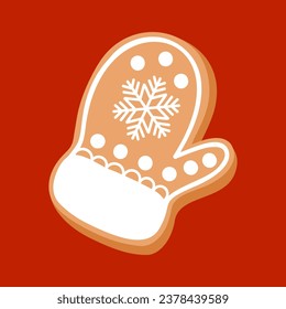 Clip art gingerbread Christmas mitten on isolated red background. Hand drawn element for festive celebration of Winter holidays, Christmas, New Year, for paper crafts, scrapbooking or home decor.