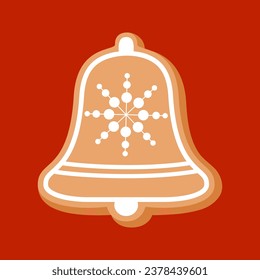 Clip art gingerbread jingle bell cookie on isolated red background. Hand drawn element for festive celebration of Winter holidays, Christmas, New Year, for paper crafts, scrapbooking or home decor.