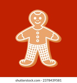 Clip art gingerbread man cookie on isolated red background. Hand drawn element for festive celebration of Winter holidays, Christmas, New Year, for paper crafts, scrapbooking or home decor.