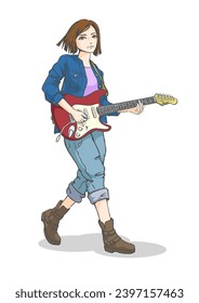Clip art of girl playing electric guitar.