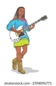 Clip art of girl playing electric guitar.