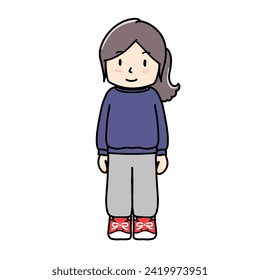 Clip art of girl wearing sweatshirt top and bottom and sneakers　