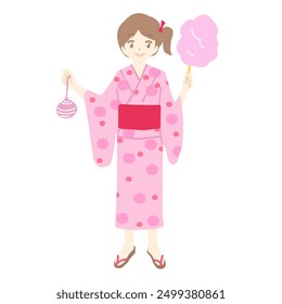 Clip art of girl in yukata, Japanese traditional costume. She is holding a water balloon and cotton candy in her hand.