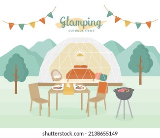 Clip art of glamping scenery.
There are a dome tent, a table, a BBQ grill, mountains, trees, and so on.
It is a flat design.