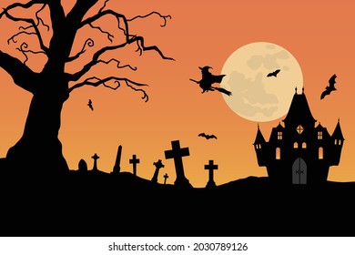 Clip art of Halloween. A cemetery and a haunted house.