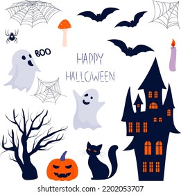 clip art for halloween design. dark castle, lace spiderwebs, flying bats, black cat, pumpkin and ghosts