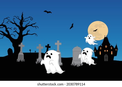 Clip art of Halloween. Ghosts, cemetery and haunted house.