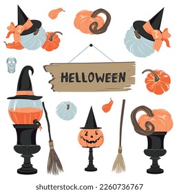Clip art for Halloween. Pumpkins, vintage plates, urns, candlesticks, signboard, hat, broom. Autumn sticker set