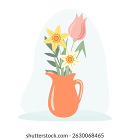 Clip art of hand drawn pitcher with tulips and daffodils on isolated background. Design for mother’s day, spring and summer celebration, scrapbooking, wedding invitation, home decor, paper craft.  