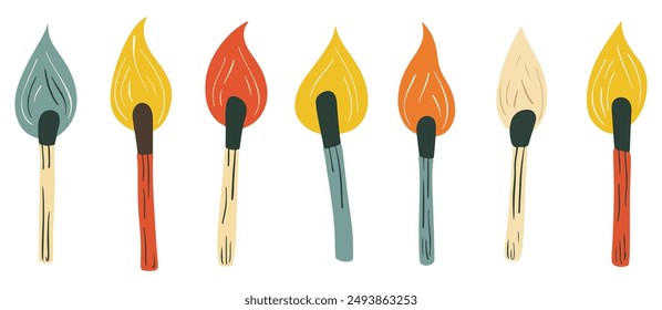 clip art hand drawn simple illustration set of different matches in Retro Cartoon Flat style isolated on a white background. Vector of burn wooden stick match illustration.