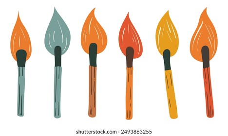 clip art hand drawn simple illustration set of different matches in Retro Cartoon Flat style isolated on a white background. Vector of burn wooden stick match illustration.