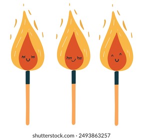 clip art hand drawn simple illustration set of different matches in Retro Cartoon Flat style isolated on a white background. Vector of burn wooden stick match illustration.