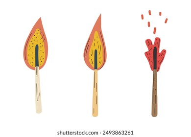 clip art hand drawn simple illustration set of different matches in Retro Cartoon Flat style isolated on a white background. Vector of burn wooden stick match illustration.