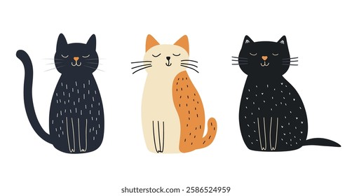 Clip art hand drawn vector illustration of a cute funny cats isolated objects on white background