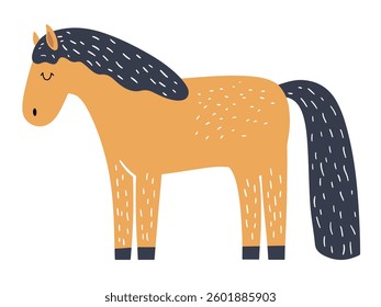 Clip art hand drawn vector illustration of the cute funny horse, a stylized cartoon pony with closed eyes and spotted back, isolated on white background.