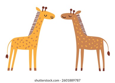 Clip art hand drawn vector illustration of two cute funny giraffes in a playful doodle style, isolated on white background.