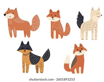Clip art hand drawn vector illustration of five different cute funny foxes in a playful cartoon style, isolated on white background.