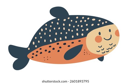 Clip art hand drawn vector illustration of a single cute funny fish with polka dots in a playful cartoon style, isolated on white background.