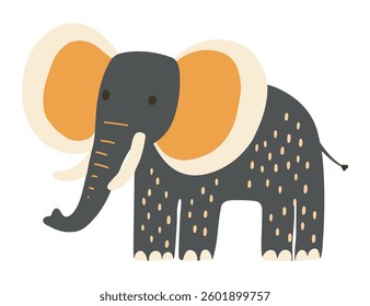 Clip art hand drawn vector illustration of a single cute funny elephant with big ears in a playful cartoon style, isolated on white background.
