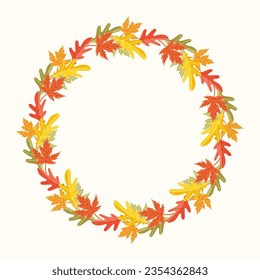 Imagen prediseñada de la corona de flores dibujada a mano de hojas de otoño sobre fondo aislado. Fondo cálido para la cosecha de otoño, Día de Acción de Gracias, Halloween y celebración estacional, textil, scrapbooking.