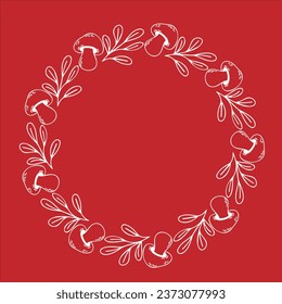 Clip art of hand drawn wreath of Autumn leaves and mushrooms on isolated red  background. Warm background for Autumn harvest, Thanksgiving, Halloween and seasonal celebration, textile, scrapbooking.