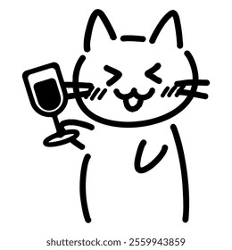 Clip art of hand-drawn cat with wine