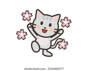 Clip art of happy cute cat and petals of cherry blossoms