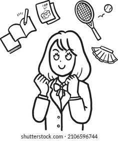 Clip Art Of A High School Girl Working Hard For Her Studies And Club Activities, Line Art.