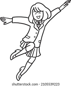 Clip Art Of High School Student Jumping Up And Down, Line Art.