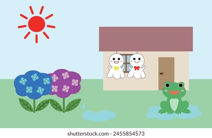 Clip art of hydrangea and frog with teru teru teru bozu in rainy season
