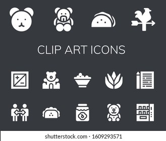 clip art icon set. 14 filled clip art icons. Included Teddy bear, Taco, Vane, Cooperation, Exposure, Jam, Fruit bowl, Aloe vera, Vending machine, Sheet icons