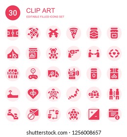 clip art icon set. Collection of 30 filled clip art icons included Ice court, Turtle, Pistol, Pizza slice, Jam, Red cross, Teddy bear, Friendship, Gameplay, Rock, Broken heart