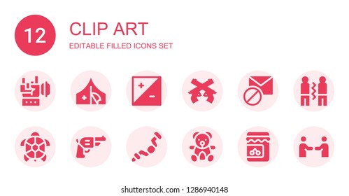 clip art icon set. Collection of 12 filled clip art icons included Rock, Red cross, Exposure, Pistol, Blocked, Turtle, Ratchet, Teddy bear, Jam, Friendship