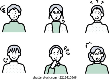 Clip art icon set if elderly people with negative expression.