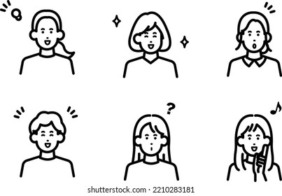 Clip art icon set of positive women, line drawing.