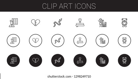 clip art icons set. Collection of clip art with user list, broken heart, snake, homemade, teddy bear. Editable and scalable clip art icons.