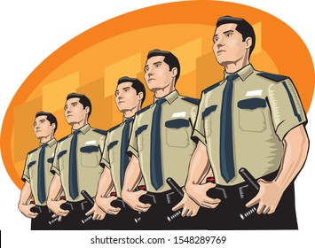 clip art illlustration of a group of five security guards or cops