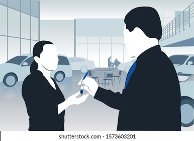 Clip art illustration of a car salesman giving keys to a customer